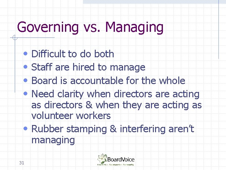 Governing vs. Managing • • Difficult to do both Staff are hired to manage