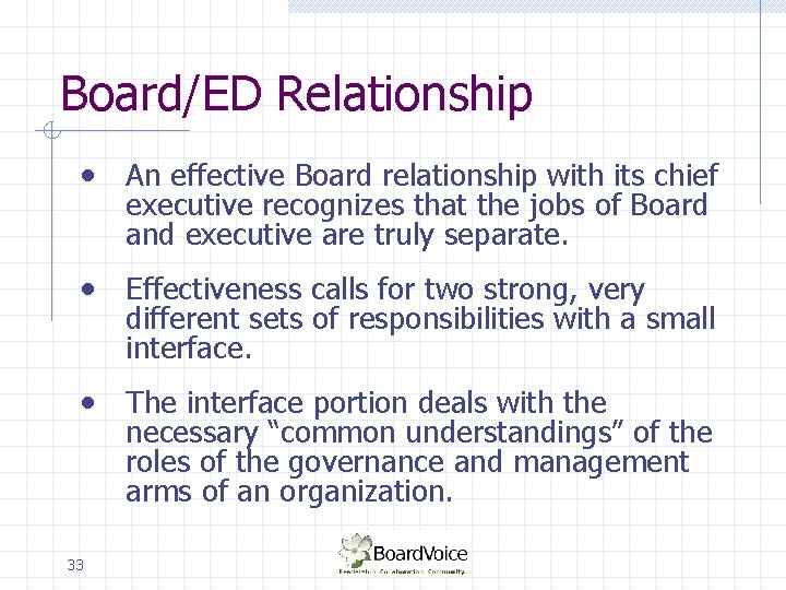 Board/ED Relationship • An effective Board relationship with its chief executive recognizes that the