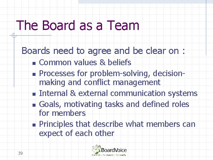 The Board as a Team Boards need to agree and be clear on :