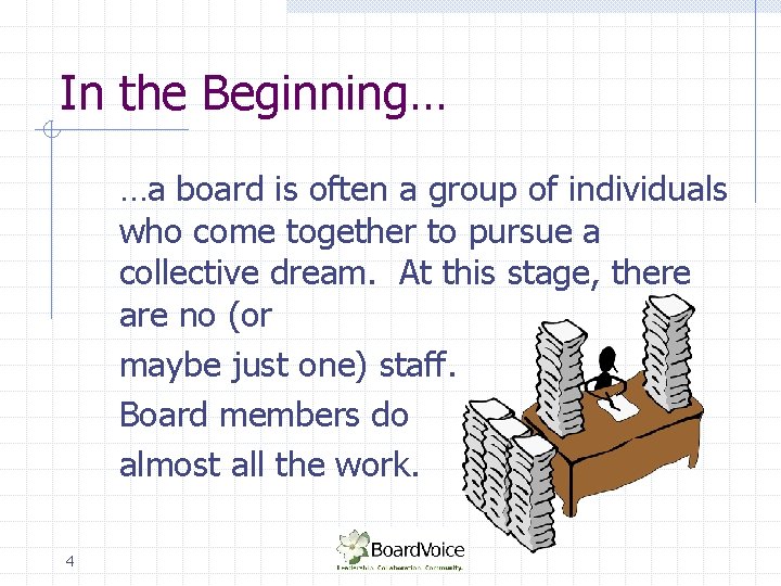 In the Beginning… …a board is often a group of individuals who come together