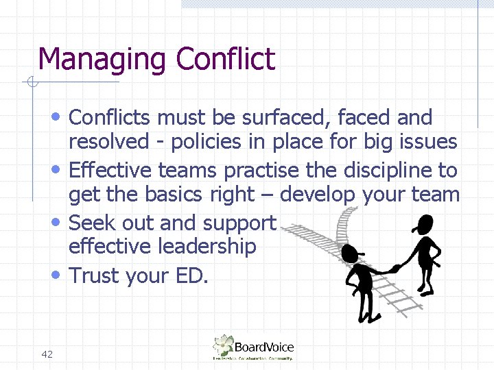 Managing Conflict • Conflicts must be surfaced, faced and resolved - policies in place