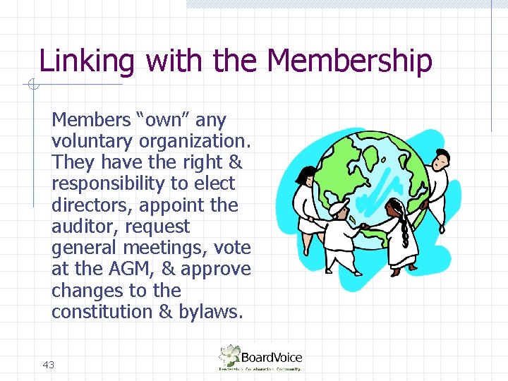 Linking with the Membership Members “own” any voluntary organization. They have the right &