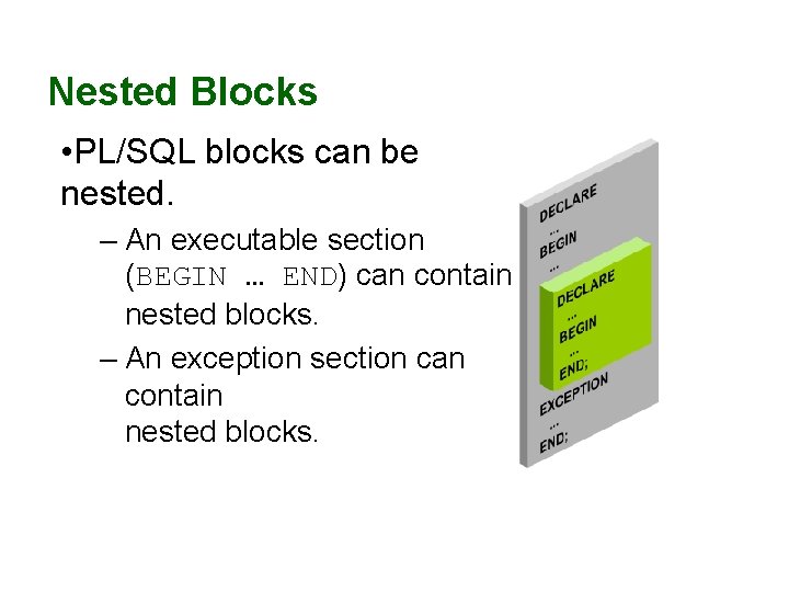 Nested Blocks • PL/SQL blocks can be nested. – An executable section (BEGIN … Nested Blocks • PL/SQL blocks can be nested. – An executable section (BEGIN …
