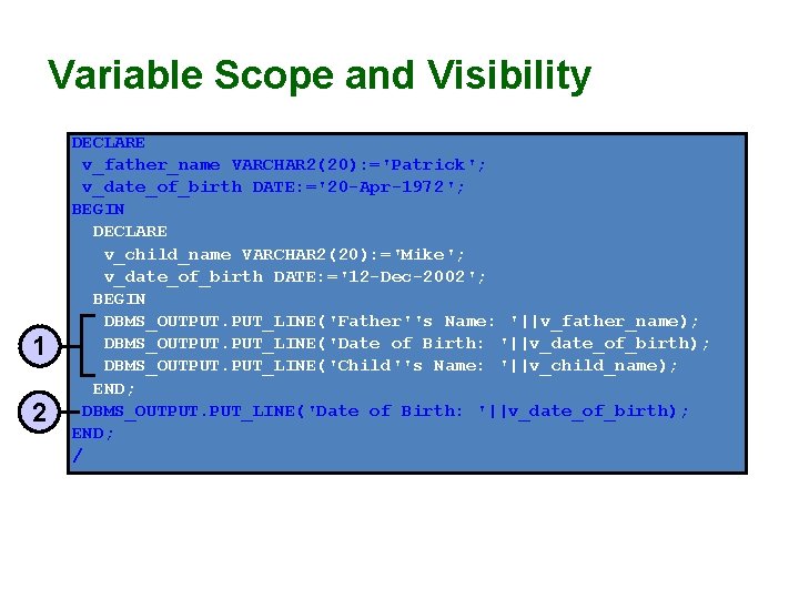 Variable Scope and Visibility 1 2 DECLARE v_father_name VARCHAR 2(20): ='Patrick'; v_date_of_birth DATE: ='20 Variable Scope and Visibility 1 2 DECLARE v_father_name VARCHAR 2(20): ='Patrick'; v_date_of_birth DATE: ='20