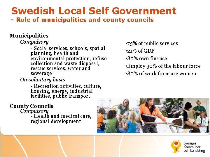 Swedish Local Self Government - Role of municipalities and county councils Municipalities Compulsory -