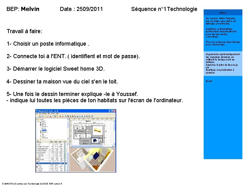 BEP: Melvin Date : 2509/2011 Séquence n° 1 Technologie Melvin Se repérer dans l'espace,