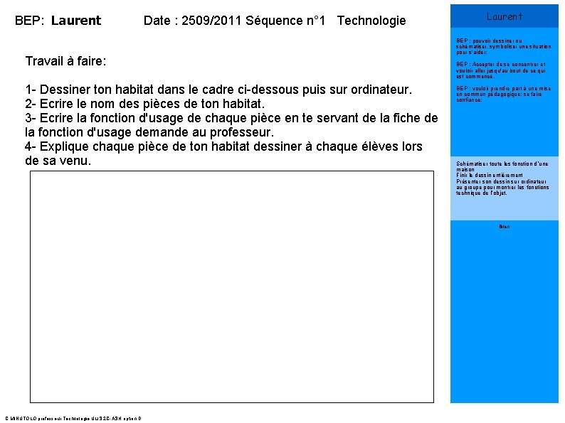 BEP: Laurent Date : 2509/2011 Séquence n° 1 Technologie Travail à faire: 1 -