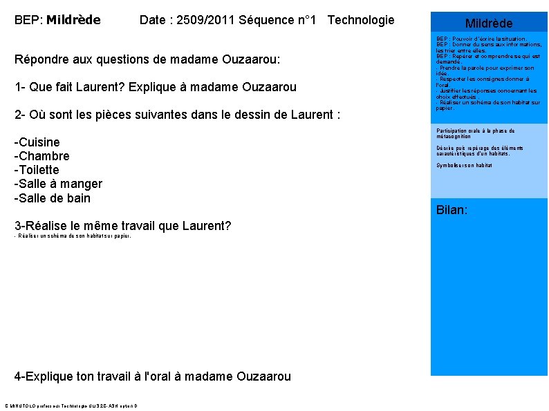 BEP: Mildrède Date : 2509/2011 Séquence n° 1 Technologie Répondre aux questions de madame