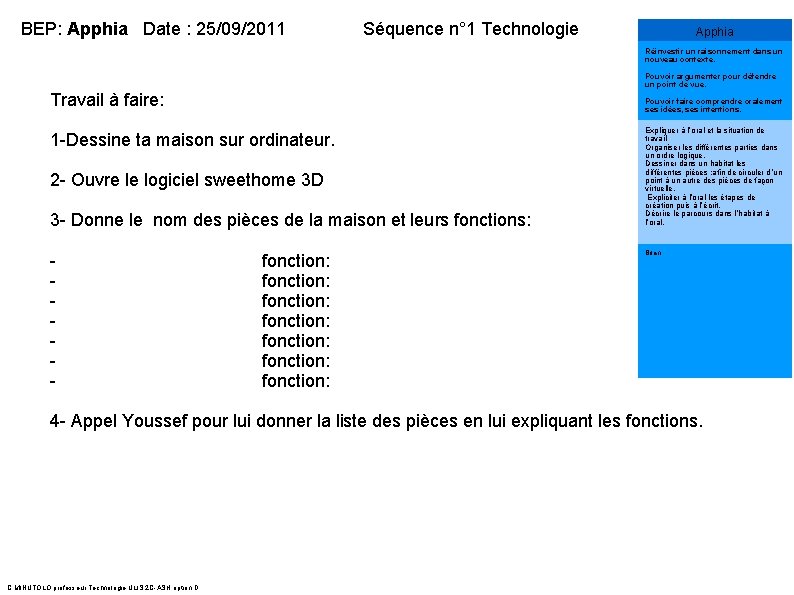 BEP: Apphia Date : 25/09/2011 Séquence n° 1 Technologie Apphia Réinvestir un raisonnement dans