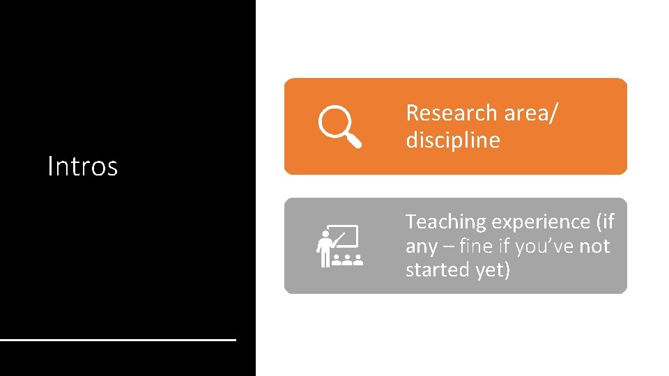 Intros Research area/ discipline Teaching experience (if any – fine if you’ve not started