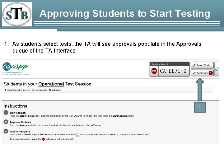 Approving Students to Start Testing 1. As students select tests, the TA will see