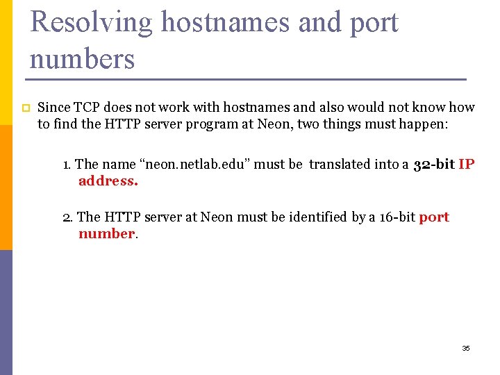 Resolving hostnames and port numbers p Since TCP does not work with hostnames and