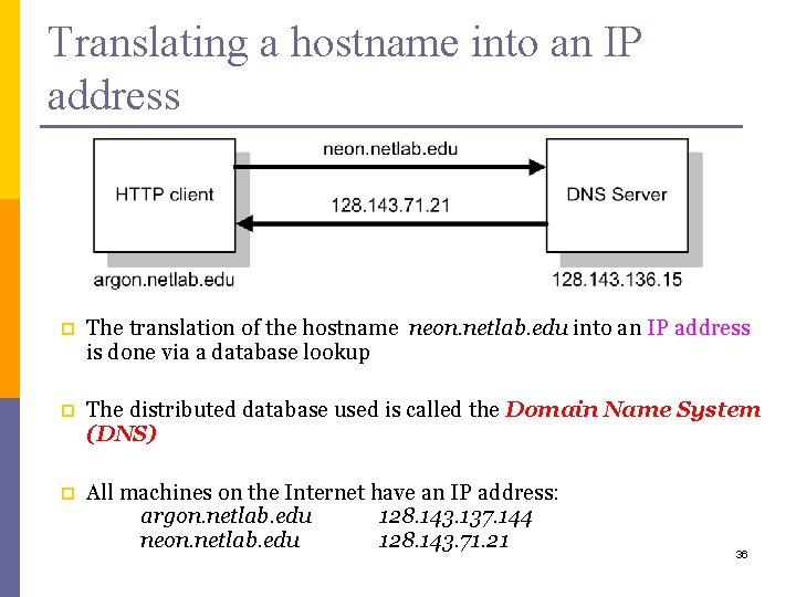 Translating a hostname into an IP address p The translation of the hostname neon.