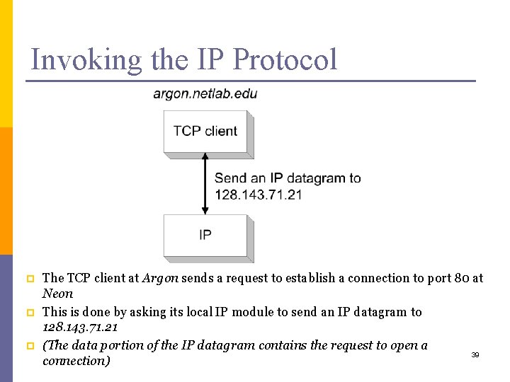 Invoking the IP Protocol p p p The TCP client at Argon sends a