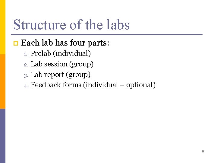 Structure of the labs p Each lab has four parts: Prelab (individual) 2. Lab