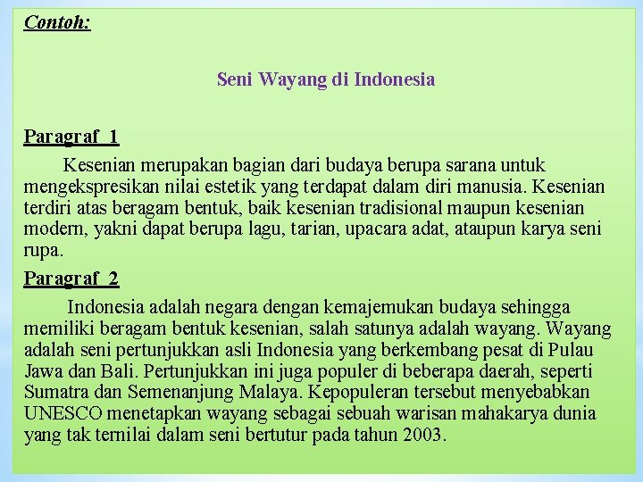 Contoh: Seni Wayang di Indonesia Paragraf 1 Kesenian merupakan bagian dari budaya berupa sarana