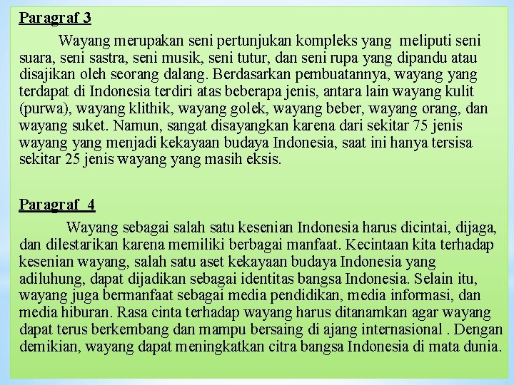 Paragraf 3 Wayang merupakan seni pertunjukan kompleks yang meliputi seni suara, seni sastra, seni