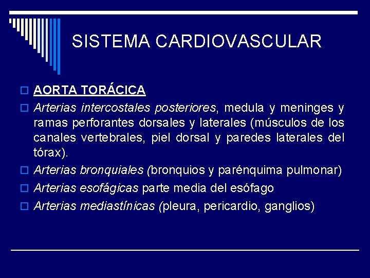 SISTEMA CARDIOVASCULAR o AORTA TORÁCICA o Arterias intercostales posteriores, medula y meninges y ramas