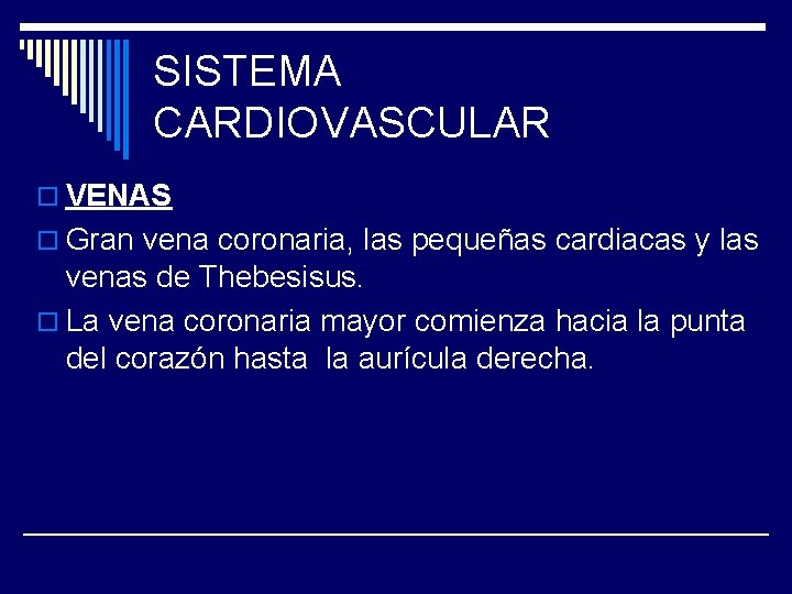 SISTEMA CARDIOVASCULAR o VENAS o Gran vena coronaria, las pequeñas cardiacas y las venas