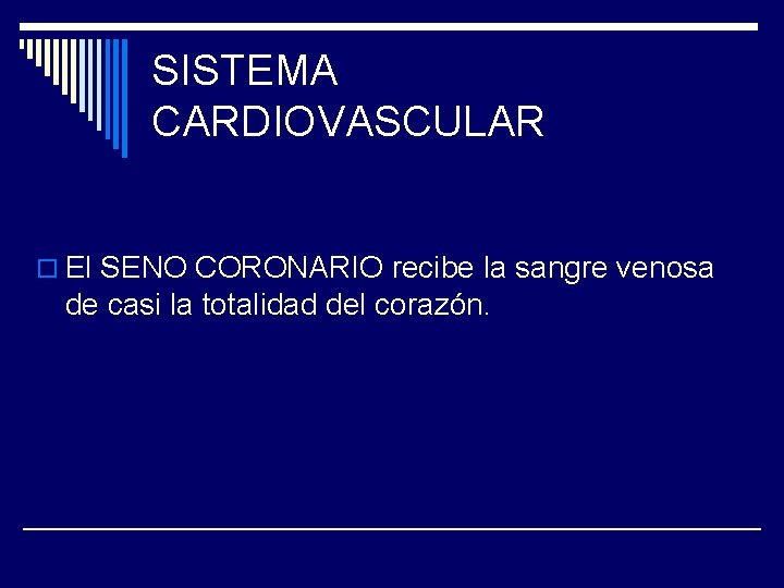 SISTEMA CARDIOVASCULAR o El SENO CORONARIO recibe la sangre venosa de casi la totalidad