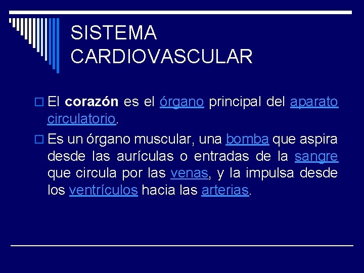 SISTEMA CARDIOVASCULAR o El corazón es el órgano principal del aparato circulatorio. o Es