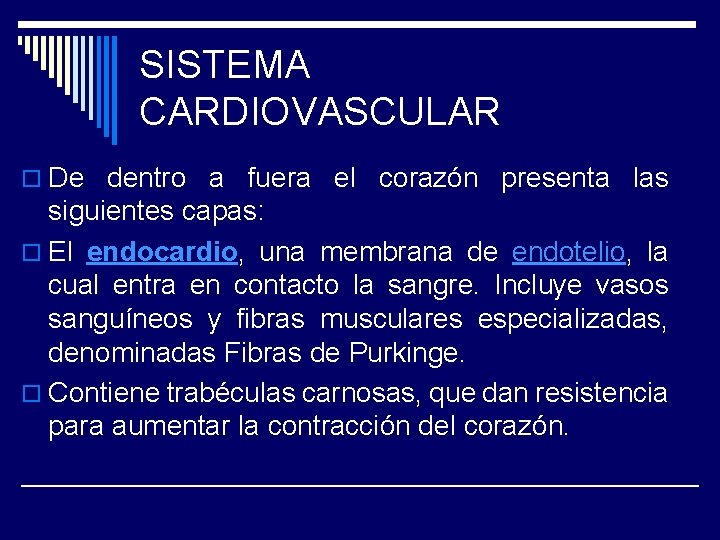 SISTEMA CARDIOVASCULAR o De dentro a fuera el corazón presenta las siguientes capas: o