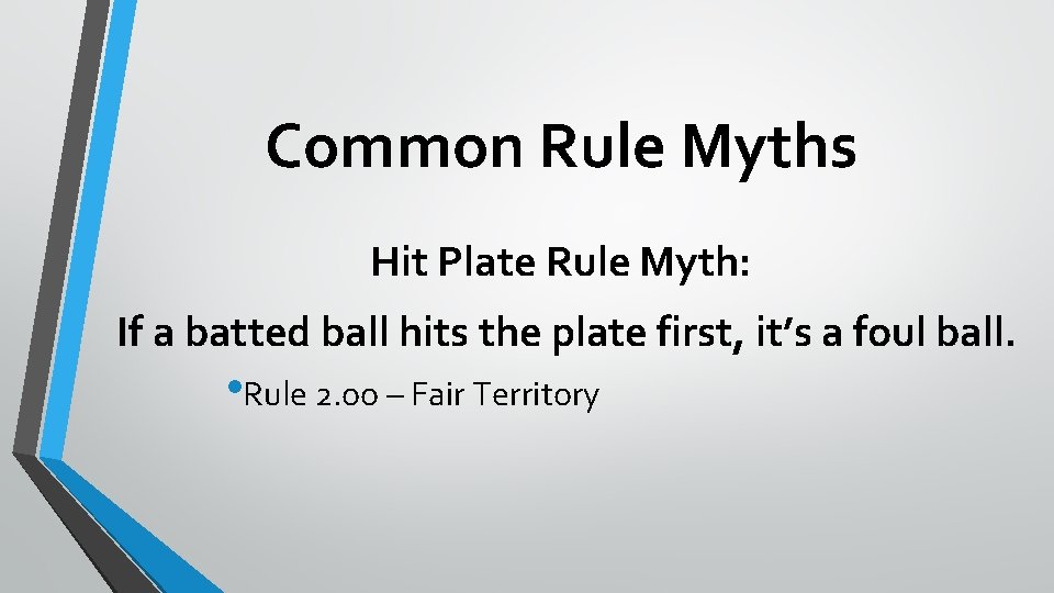 Common Rule Myths Hit Plate Rule Myth: If a batted ball hits the plate