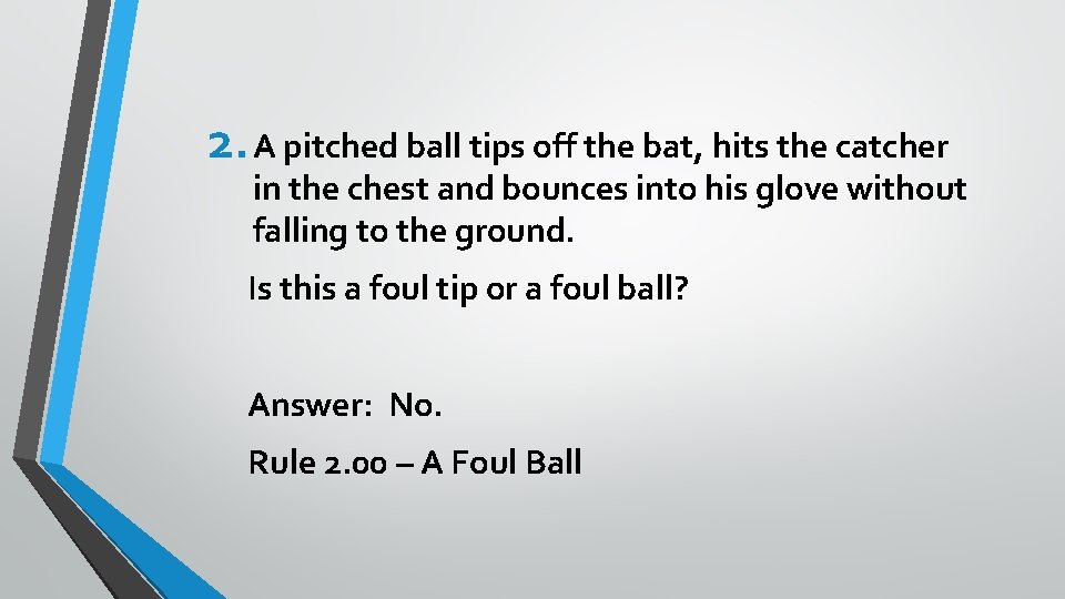 2. A pitched ball tips off the bat, hits the catcher in the chest