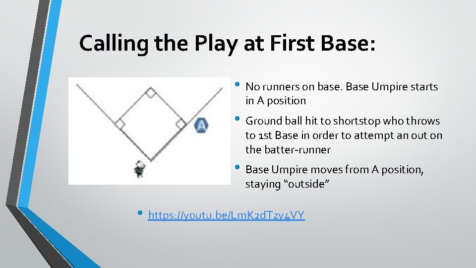 Calling the Play at First Base: • No runners on base. Base Umpire starts