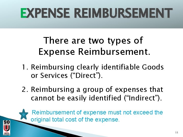 EXPENSE REIMBURSEMENT There are two types of Expense Reimbursement. 1. Reimbursing clearly identifiable Goods