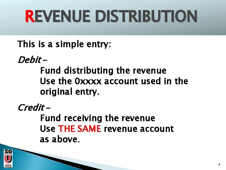 REVENUE DISTRIBUTION This is a simple entry: Debit – Fund distributing the revenue Use