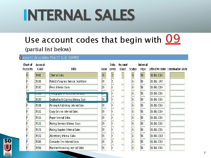 INTERNAL SALES Use account codes that begin with (partial list below) 09 7 