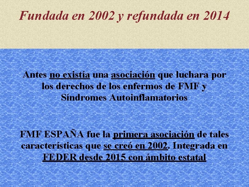 Fundada en 2002 y refundada en 2014 Antes no existía una asociación que luchara