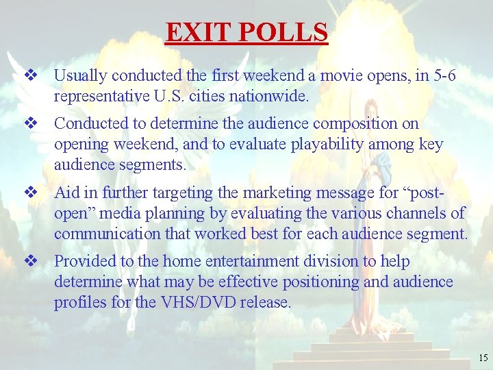 EXIT POLLS v Usually conducted the first weekend a movie opens, in 5 -6