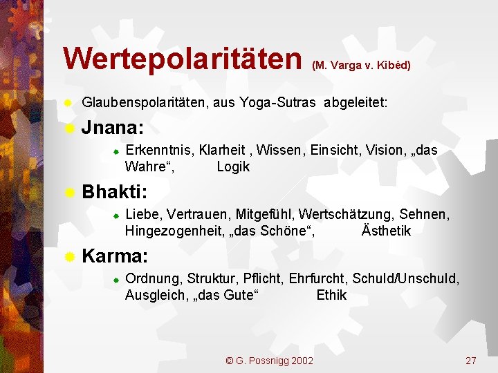 Wertepolaritäten ® (M. Varga v. Kibéd) Glaubenspolaritäten, aus Yoga-Sutras abgeleitet: ® Jnana: ® Erkenntnis,