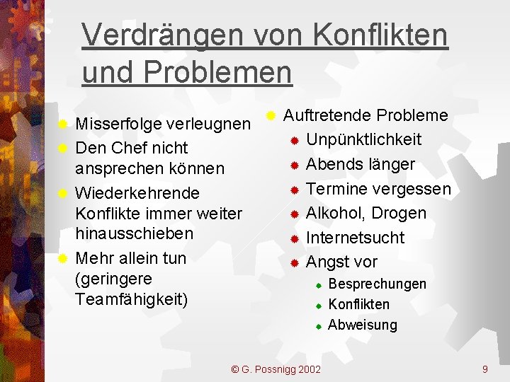 Verdrängen von Konflikten und Problemen Misserfolge verleugnen ® Auftretende Probleme ® Unpünktlichkeit ® Den