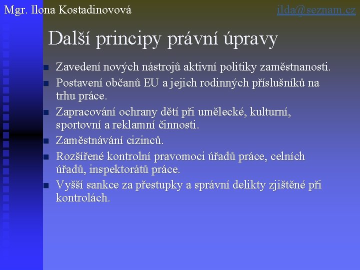 Mgr. Ilona Kostadinovová ilda@seznam. cz Další principy právní úpravy n n n Zavedení nových