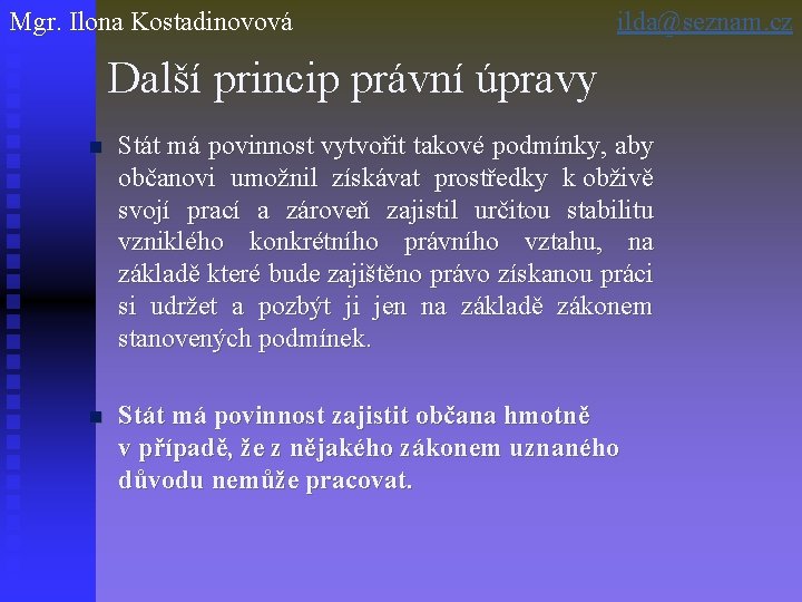 Mgr. Ilona Kostadinovová ilda@seznam. cz Další princip právní úpravy n Stát má povinnost vytvořit