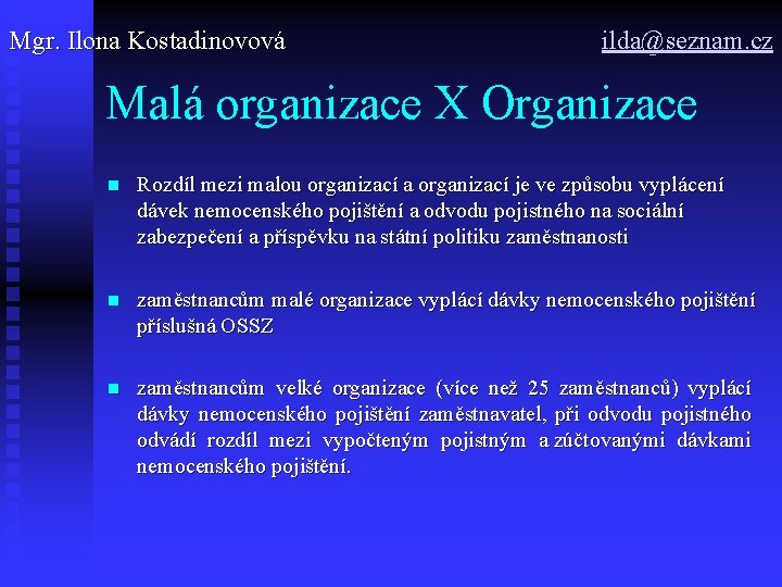 Mgr. Ilona Kostadinovová ilda@seznam. cz Malá organizace X Organizace n Rozdíl mezi malou organizací