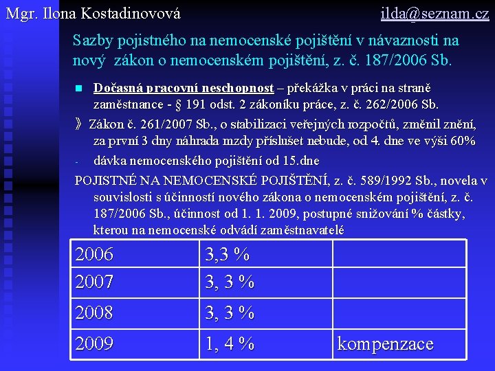 Mgr. Ilona Kostadinovová ilda@seznam. cz Sazby pojistného na nemocenské pojištění v návaznosti na nový