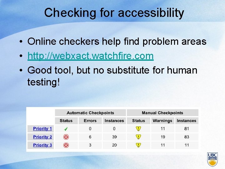 Checking for accessibility • Online checkers help find problem areas • http: //webxact. watchfire.