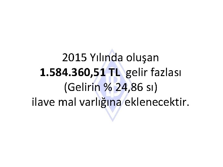 2015 Yılında oluşan 1. 584. 360, 51 TL gelir fazlası (Gelirin % 24, 86