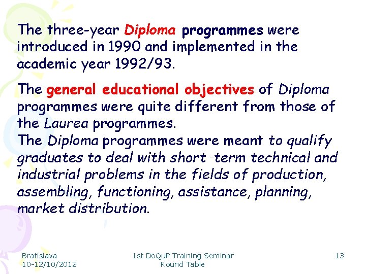 The three-year Diploma programmes were introduced in 1990 and implemented in the academic year