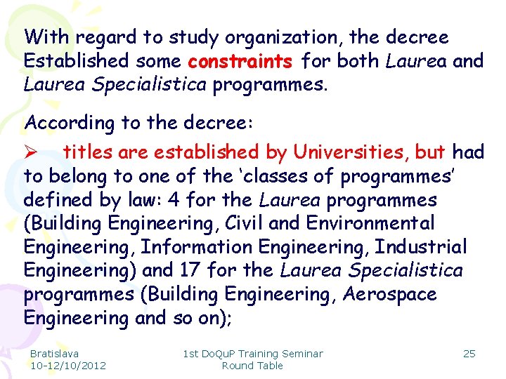 With regard to study organization, the decree Established some constraints for both Laurea and