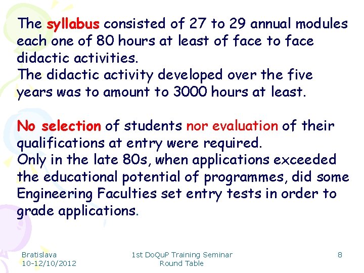 The syllabus consisted of 27 to 29 annual modules each one of 80 hours