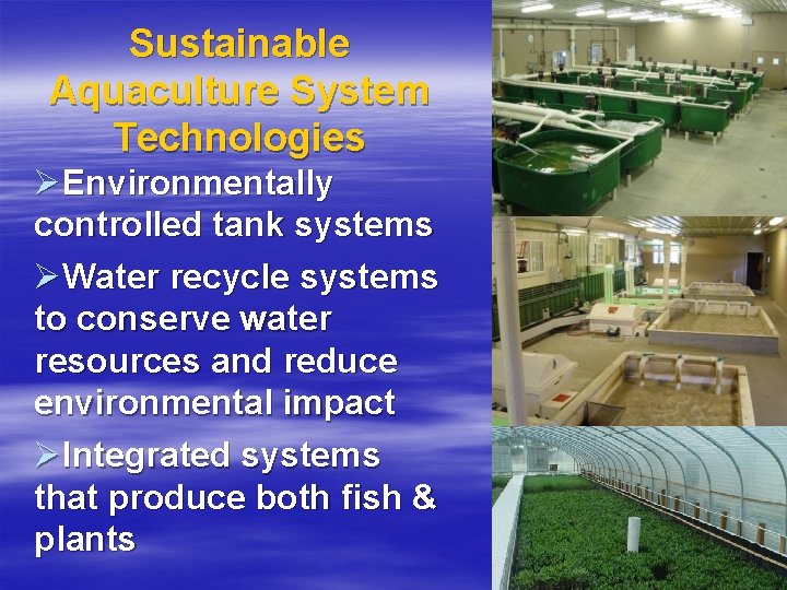 Sustainable Aquaculture System Technologies ØEnvironmentally controlled tank systems ØWater recycle systems to conserve water