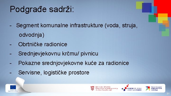 Podgrađe sadrži: - Segment komunalne infrastrukture (voda, struja, odvodnja) - Obrtničke radionice - Srednjevjekovnu