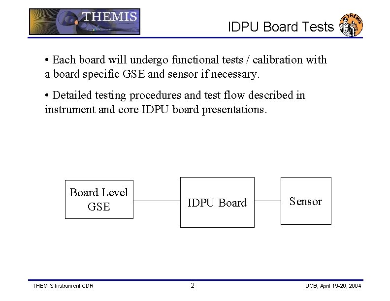IDPU Board Tests • Each board will undergo functional tests / calibration with a