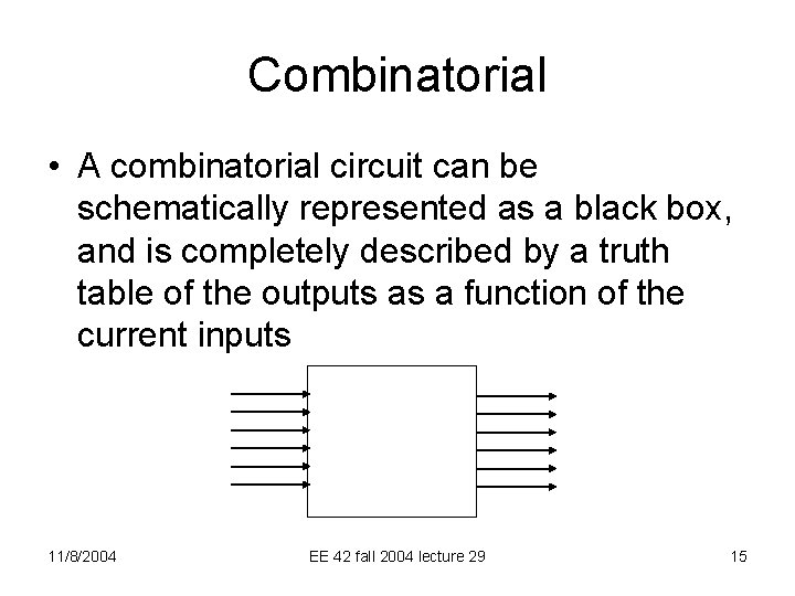 Combinatorial • A combinatorial circuit can be schematically represented as a black box, and