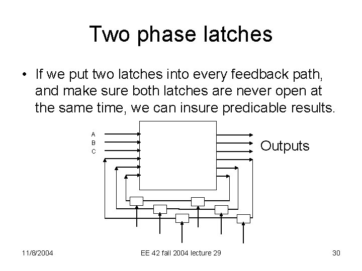 Two phase latches • If we put two latches into every feedback path, and